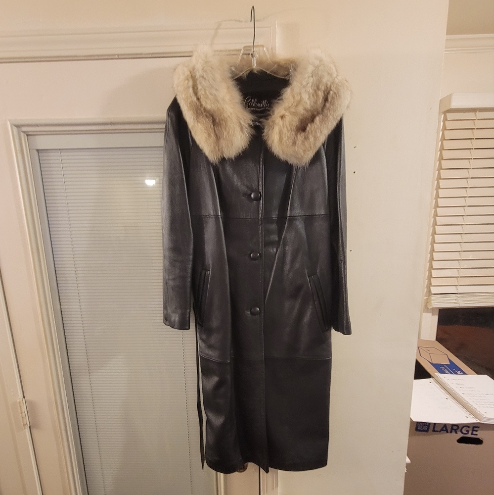 VINTAGE Peter Caruso Rare 70s Leather  fur collarLong Coat Sz 14